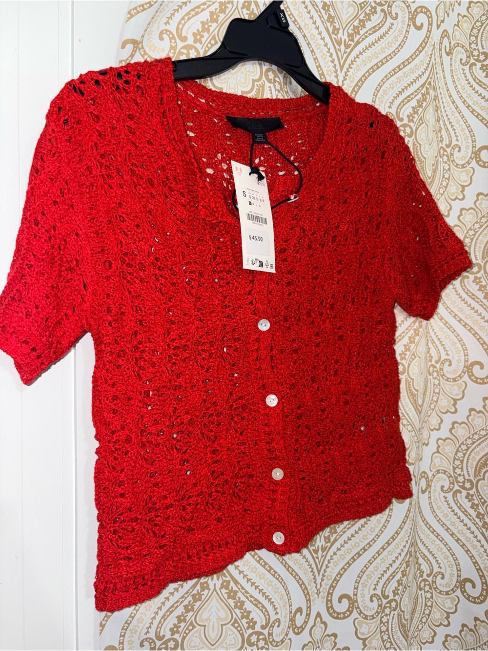 Zara Red Crocheted Button-Front Short Sleeve Cardigan